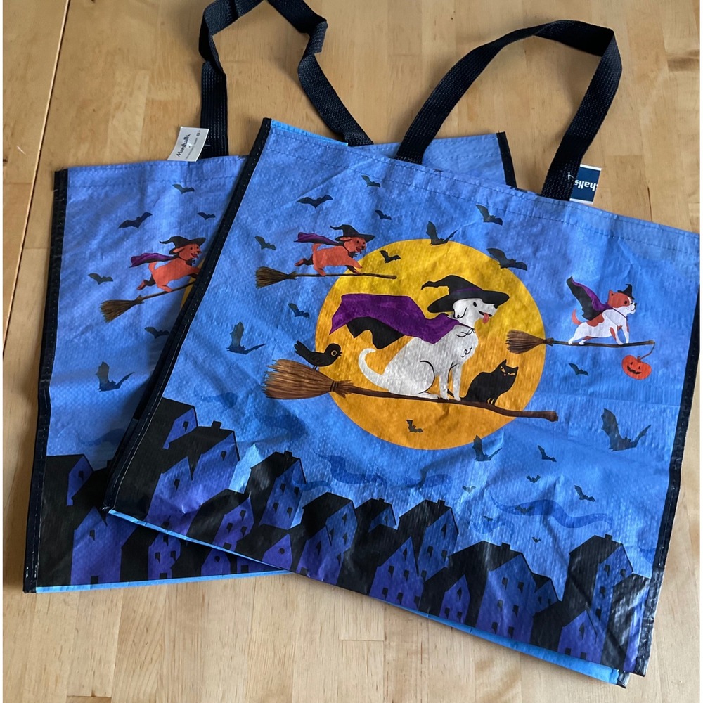 Marshalls Halloween Reusable Tote Bags Set of 2 Dogs Witches Flying Broomsticks
